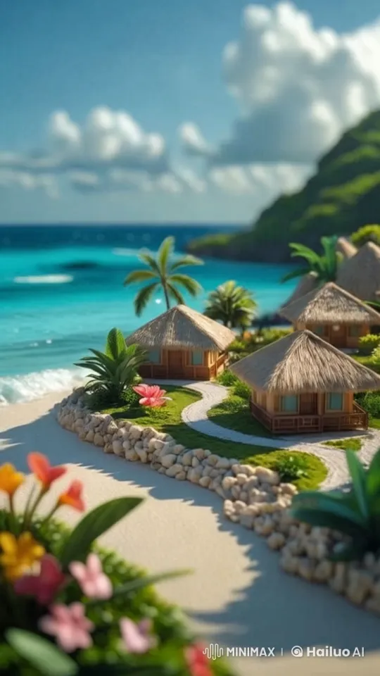 Tropical Village Beachscape: A Tranquil Animated Retreat – AI Generated Video | Hailuo AI