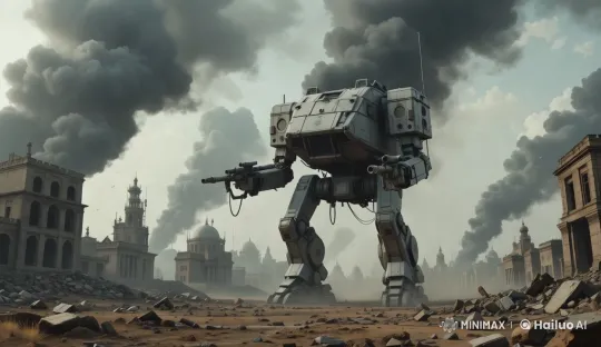 Post-Apocalyptic Robot Marches Through Ruined Cityscape – AI Generated Video | Hailuo AI