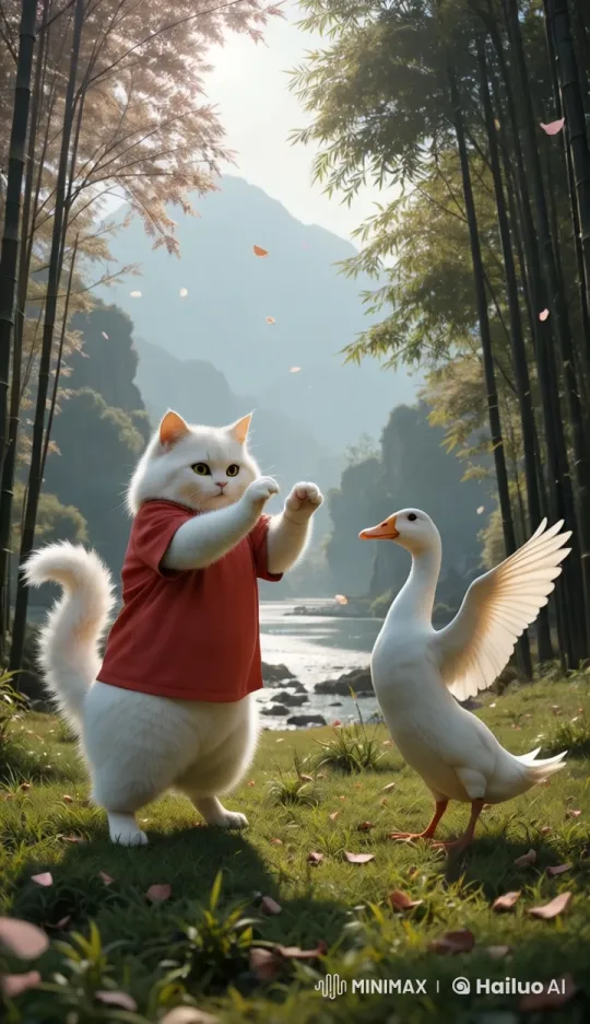 Fluffy Cat and Duck Practice Kung Fu in Bamboo Forest – AI Generated Video | Hailuo AI