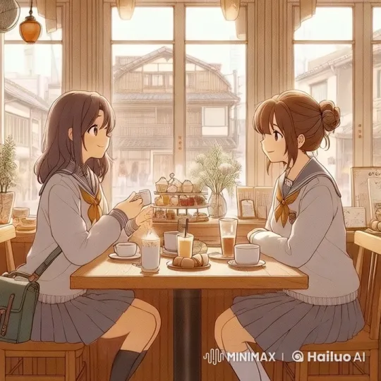 Cozy Café Scene: Schoolgirls Enjoy Afternoon Together – AI Generated Video | Hailuo AI