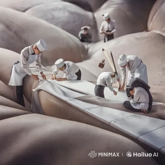 Miniature Workers Craft Large Fabric Seams with Precision – AI Generated Video | Hailuo AI