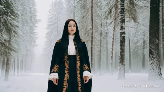 Historical-Era Woman in Serene Snowy Forest 4K Portrait – AI Generated Video | Hailuo AI