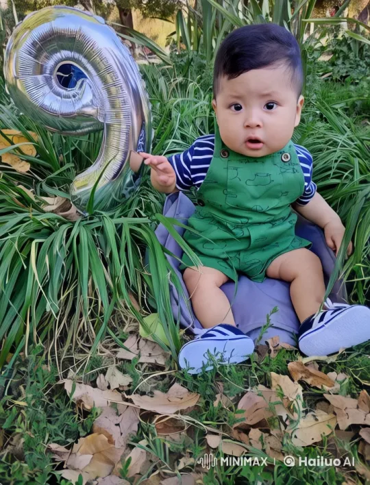 Child with Number Nine Balloon in Lush Greenery – AI Generated Video | Hailuo AI
