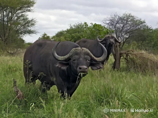 Majestic Buffaloes in Lush Savannah Landscape – AI Generated Video | Hailuo AI