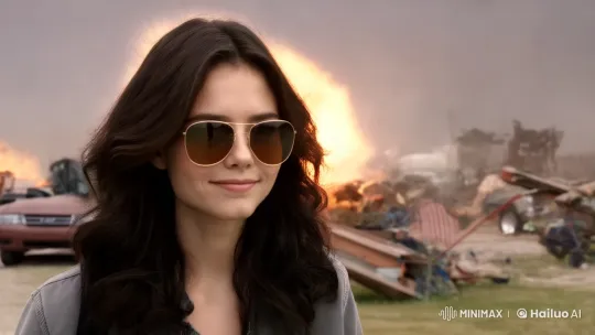 Confident Woman Amidst Chaos with Fiery Explosion – AI Generated Video | Hailuo AI