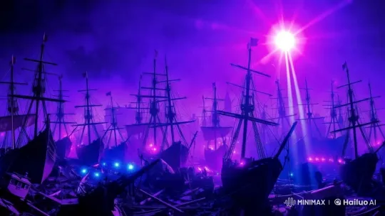 Dramatic Purple-Lit Tall Ships Amidst Debris – AI Generated Video | Hailuo AI