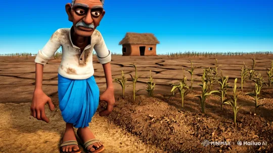 Aging Farmer Endures Drought in Desolate 3D Landscape – AI Generated Video | Hailuo AI