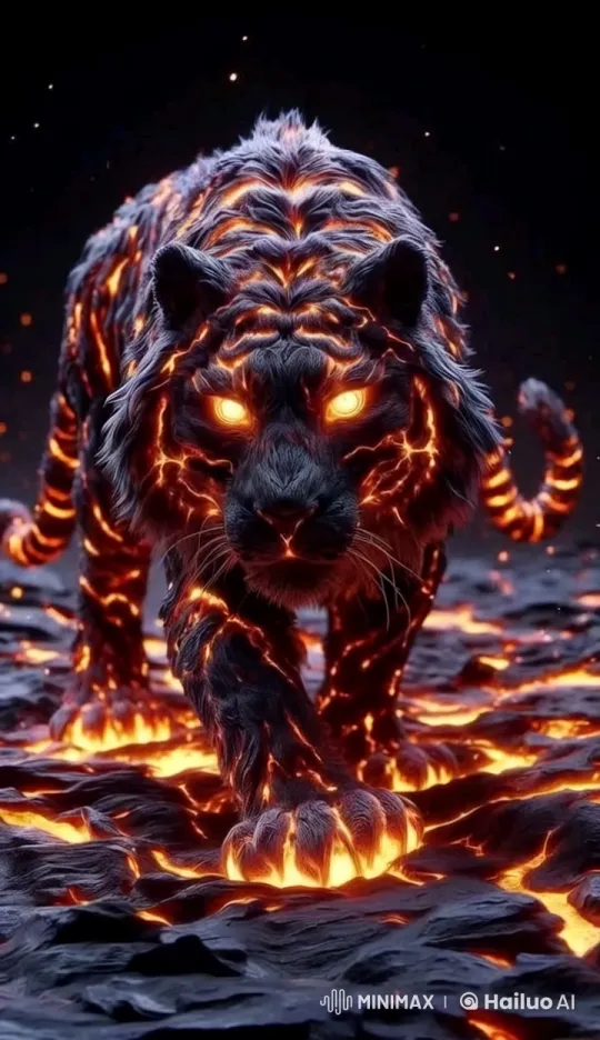 Fiery Tiger Prowls Through Lava-Lit Darkness – AI Generated Video | Hailuo AI