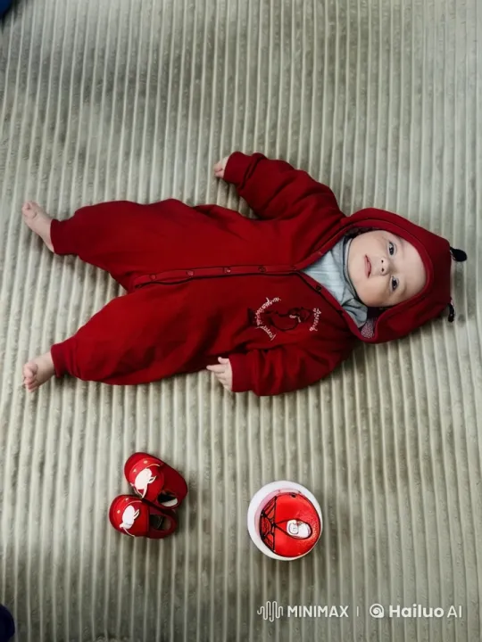 Baby Dancing Joyfully in Red Onesie on Carpet – AI Generated Video | Hailuo AI