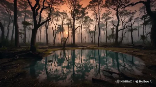 Dawn's Reflection: Serene Forest and Pond Scene – AI Generated Video | Hailuo AI