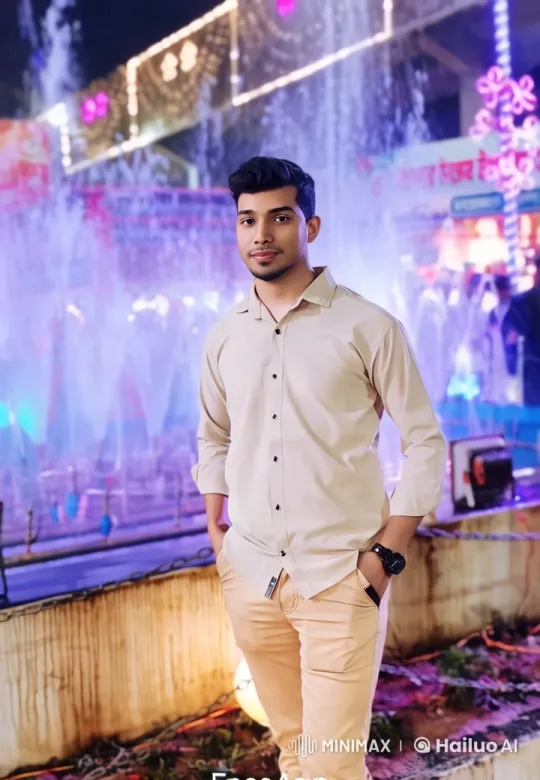 Vibrant Night Fountain Display with Confident Young Man – AI Generated Video | Hailuo AI