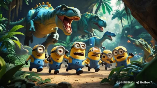 Minions Flee Ferocious Dinosaurs in Jungle Chase – AI Generated Video | Hailuo AI