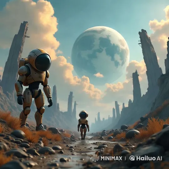 Astronauts Explore Alien Landscape with Dramatic Sky – AI Generated Video | Hailuo AI