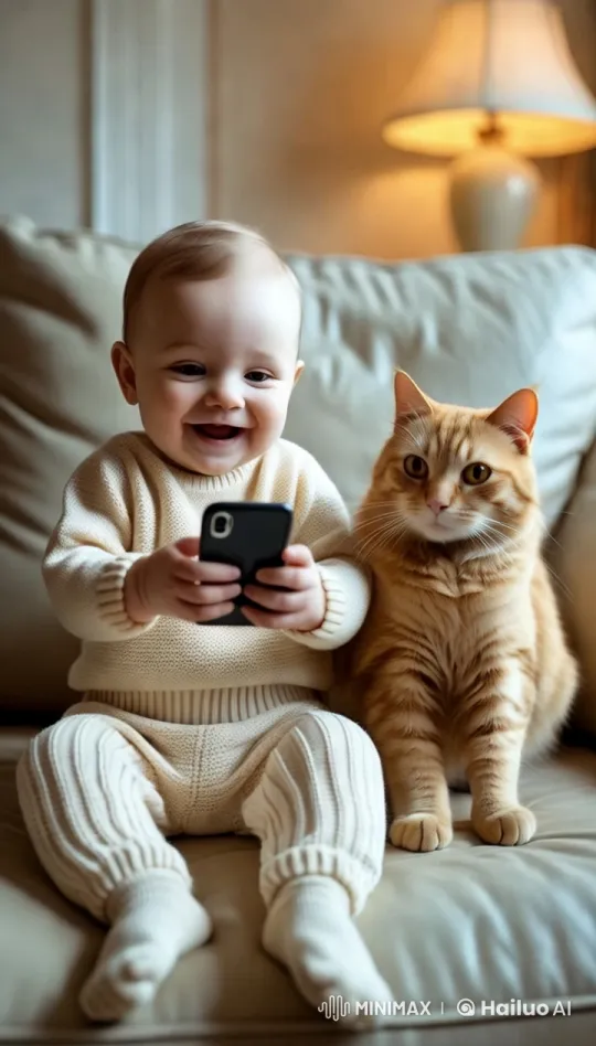 Baby and Cat Bond on Cozy Sofa with Smartphone – AI Generated Video | Hailuo AI