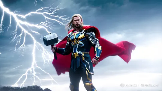 Thor Poised for Battle in Stormy Sky Cinematic Scene – AI Generated Video | Hailuo AI