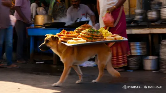 Dog Balances Street Food Tray Amidst Indian Market Chaos – AI Generated Video | Hailuo AI