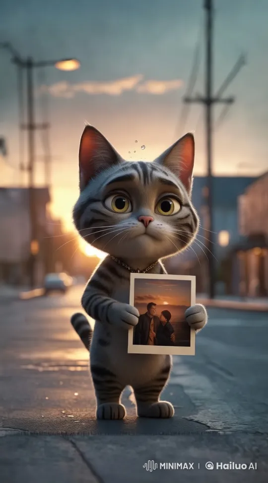Anthropomorphic Cat Reflects on Sunset Photo – AI Generated Video | Hailuo AI