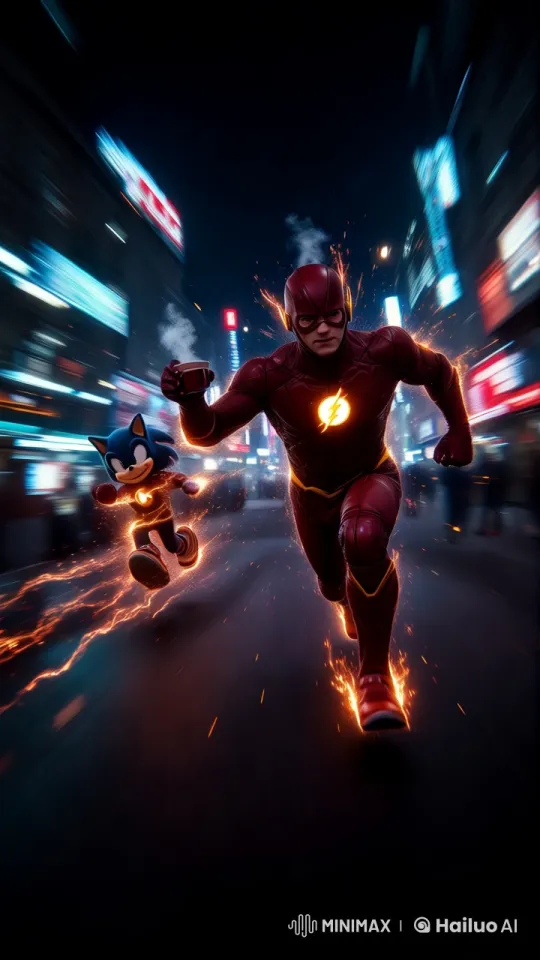Flash and Sonic Race Through Neon Cityscape – AI Generated Video | Hailuo AI
