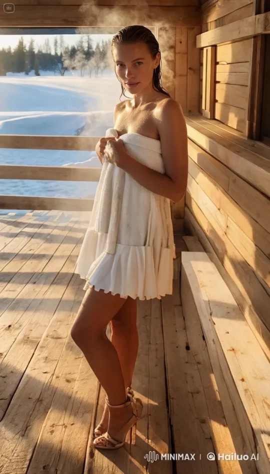 Woman in Towel Balances Warmth and Cold on Snowy Porch – AI Generated Video | Hailuo AI