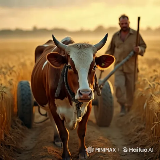 Golden Hour Farm Life: Cow, Farmer, and Wheat Field Serenity – AI Generated Video | Hailuo AI