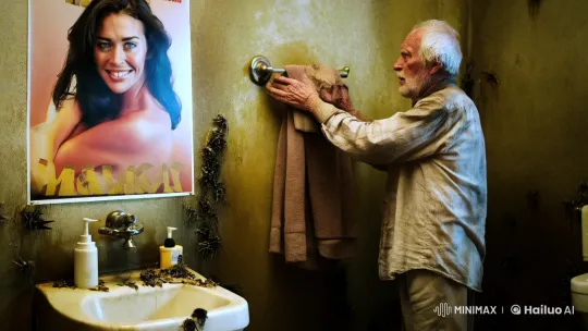 Old Man Transforms into Poster Beauty in Grungy Bathroom – AI Generated Video | Hailuo AI