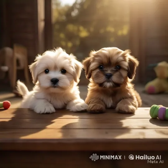 Adorable Puppies on Wooden Deck with Playful Atmosphere – AI Generated Video | Hailuo AI