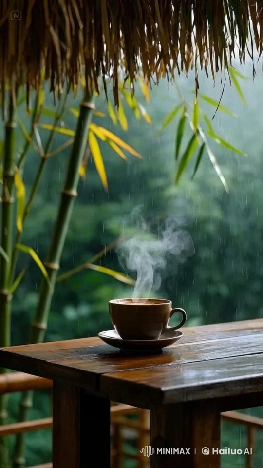Tranquil Outdoor Retreat: Coffee, Rain, and Bamboo – AI Generated Video | Hailuo AI