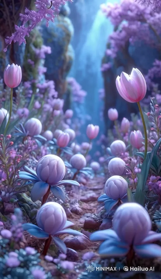 Serene Nature: Vibrant Flowers and Cascading Waterfall – AI Generated Video | Hailuo AI