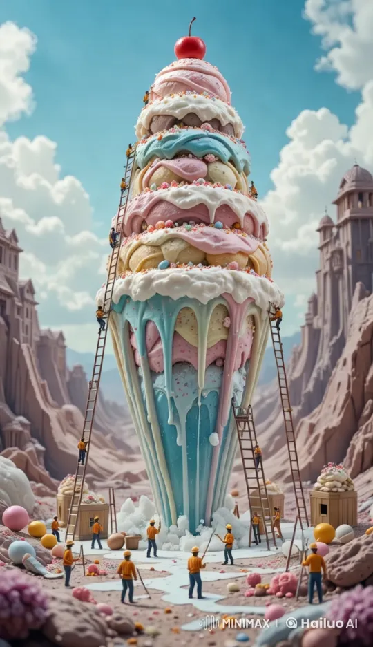 Miniature Workers Craft Giant Ice Cream in Fantastical World – AI Generated Video | Hailuo AI