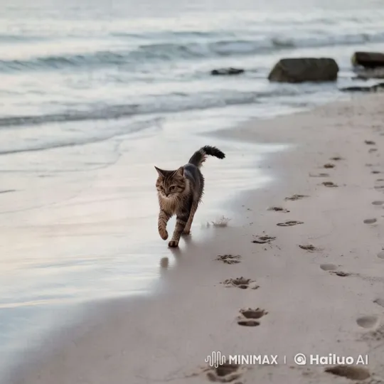 Cat Playfully Runs Along the Seashore – AI Generated Video | Hailuo AI