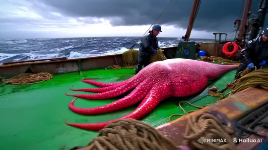 Stormy Sea: Giant Squid Captured on Fishing Boat – AI Generated Video | Hailuo AI
