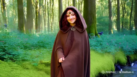 Young Woman Embraces Nature in Medieval Forest Setting – AI Generated Video | Hailuo AI