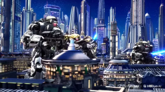 Futuristic Space Colony Battle: Robots Clash in Urban Chaos – AI Generated Video | Hailuo AI