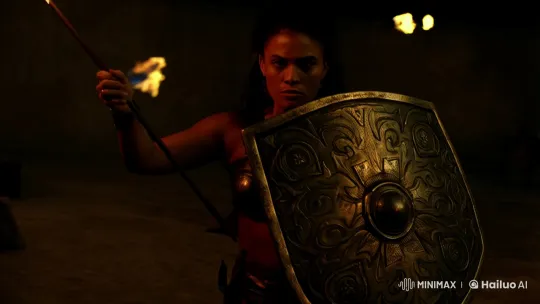 Intense Night Battle: Female Gladiator's Close-Up – AI Generated Video | Hailuo AI