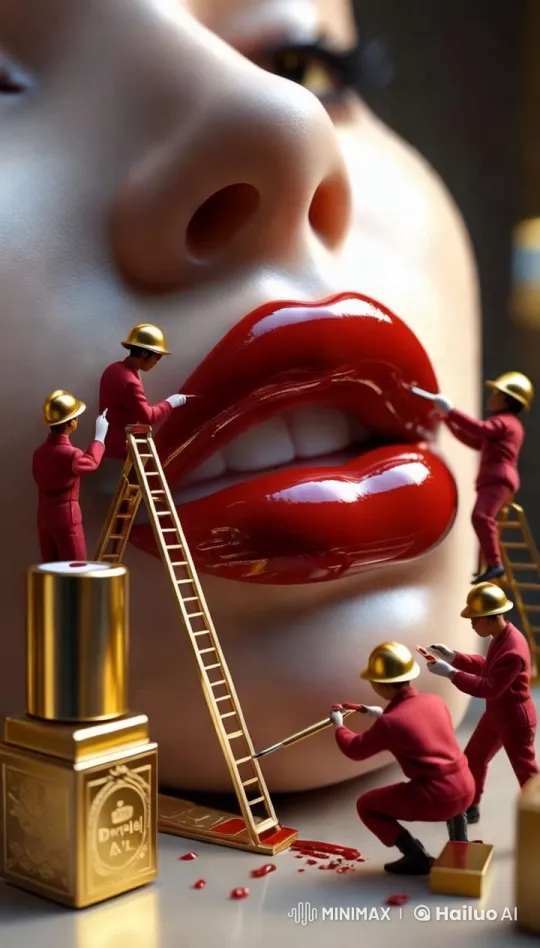 Miniature Workers Apply Lipstick to Giant Lips – AI Generated Video | Hailuo AI