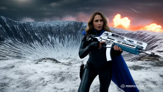 Italian Woman with Plasma Rifle in Volcano Caldera Chase – AI Generated Video | Hailuo AI