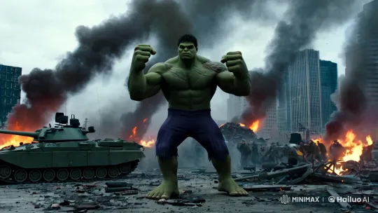 Hulk's Fury: Destruction and Chaos in Devastated Cityscape – AI Generated Video | Hailuo AI