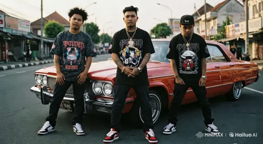 Hip-Hop Group Poses Confidently in Front of Classic Red Car – AI Generated Video | Hailuo AI