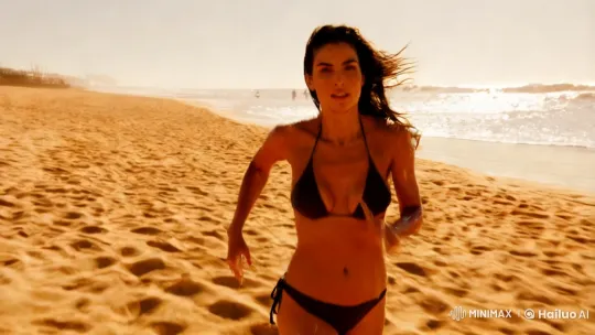 Athletic Woman in Dramatic Beach Sprint Cinematic Scene – AI Generated Video | Hailuo AI