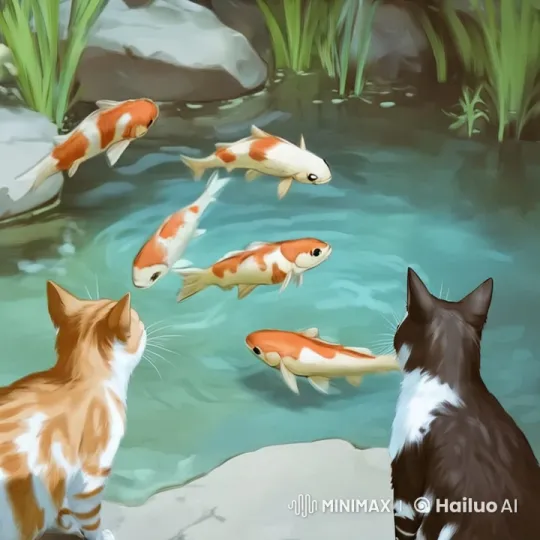 Animated Pond Scene: Cats Watch Graceful Koi Fish – AI Generated Video | Hailuo AI