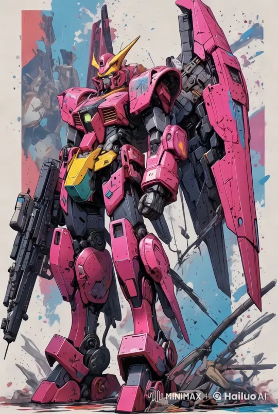 Vibrant Pink Mecha Showcases Power Amidst Chaos – AI Generated Video | Hailuo AI