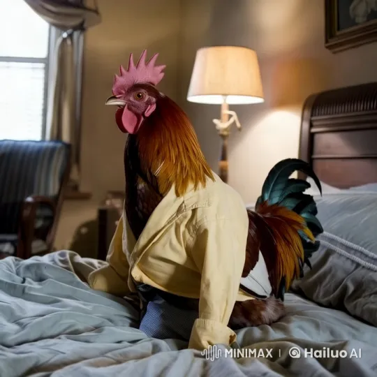 Aesthetic Rooster in Human Clothing in Cozy Bedroom – AI Generated Video | Hailuo AI