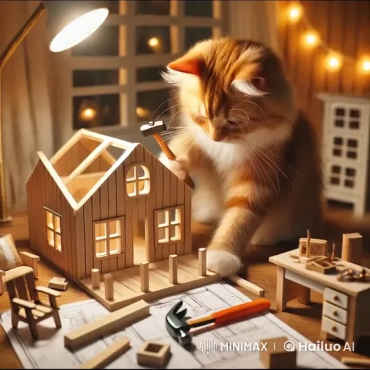Ginger Cat Delicately Builds Miniature Wooden House – AI Generated Video | Hailuo AI
