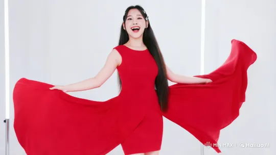 Joyful Young Woman in Elegant Red Dress Celebrates – AI Generated Video | Hailuo AI