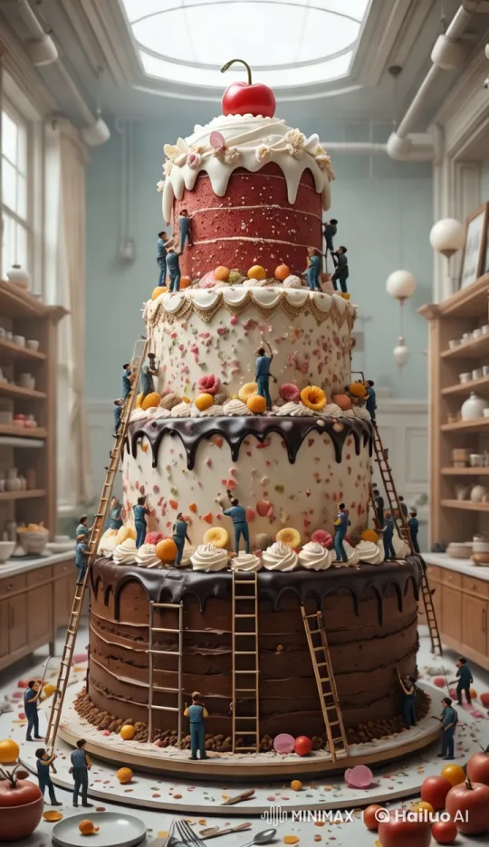 Miniature Workers Create Enormous Cake in Whimsical World – AI Generated Video | Hailuo AI