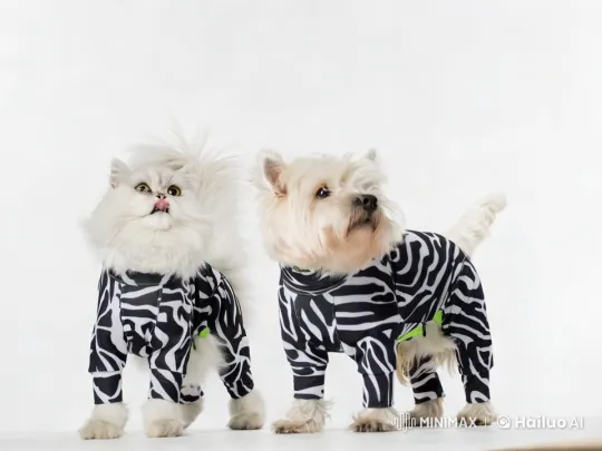 Charming Duo: Coordinated Pups in Zebra Outfits – AI Generated Video | Hailuo AI