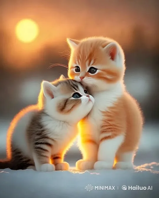Adorable Kittens Tenderly Kissing in Snowy Landscape – AI Generated Video | Hailuo AI