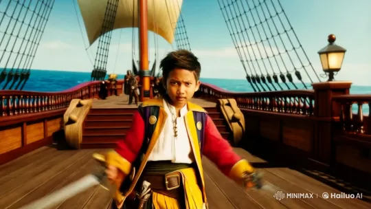 Young Boy Mimics Zoro on Pirate Ship with Swords Raised – AI Generated Video | Hailuo AI