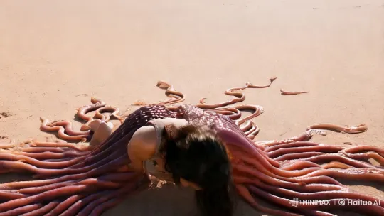 Korean Woman Practicing Yoga in Desert Beach Setting – AI Generated Video | Hailuo AI