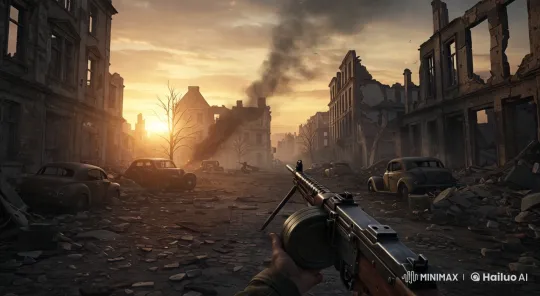 Post-Apocalyptic Sunset Tracking Shot in Ruined Street – AI Generated Video | Hailuo AI